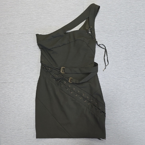 L.A.M.B. Dresses & Skirts - L.A.M.B. Gwen Stefani One Shoulder Mini Dress Military Olive Silk Lined Sz 10